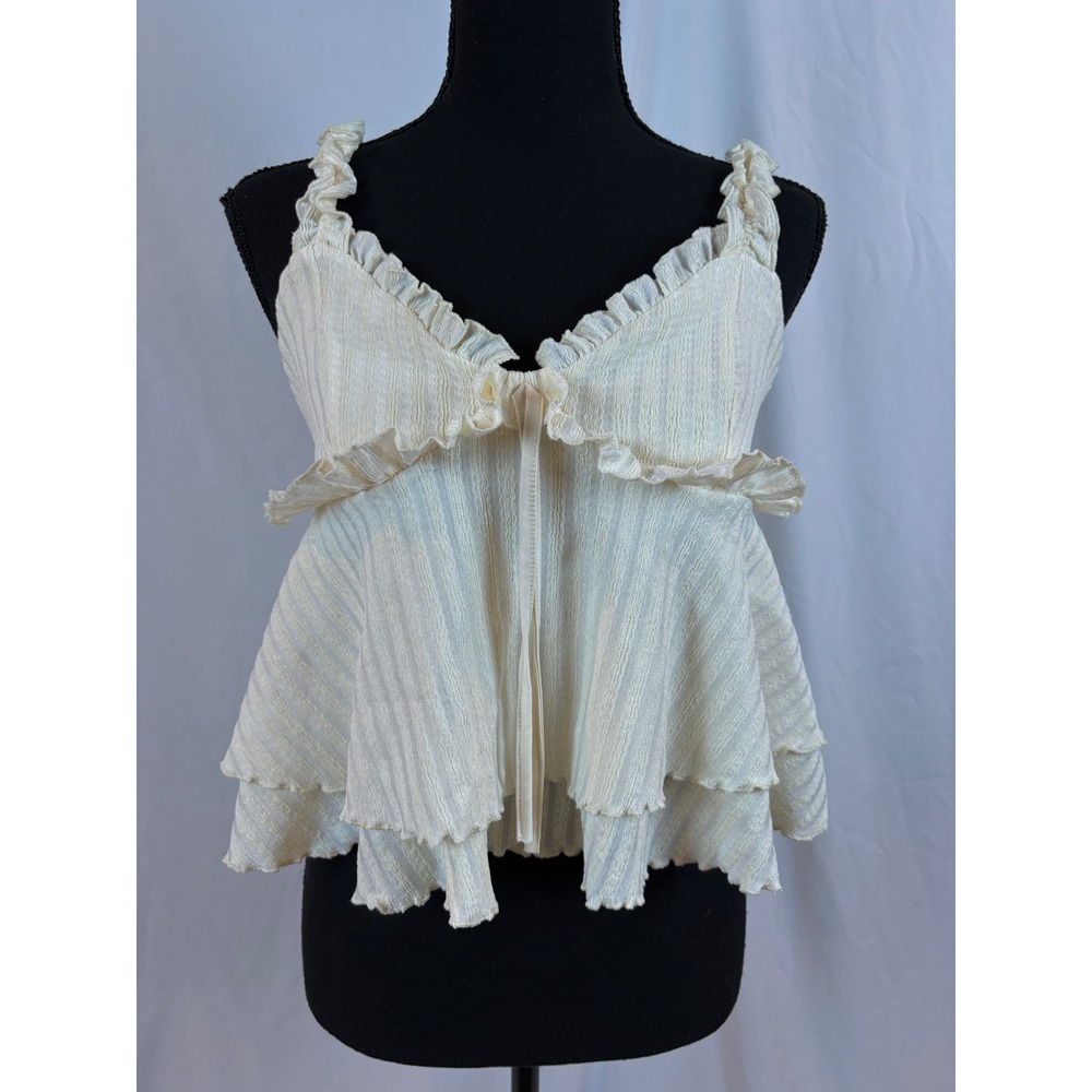 Cream Textured Stripe Ruffle Tiered Babydoll Camisole Top Sleeveless Small